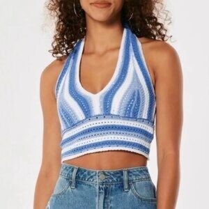 Hollister Blue and White Halter Crop Top Size L
